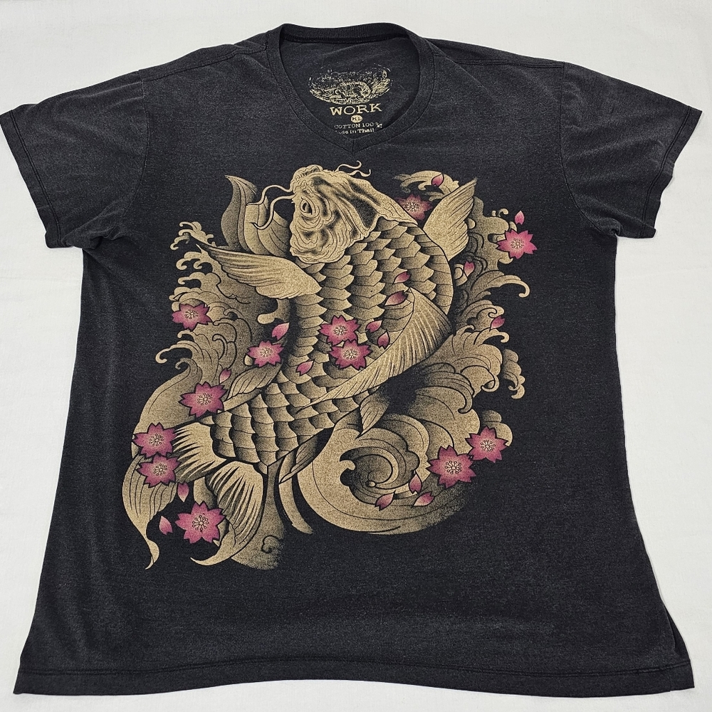 WORK Carp Koi Fish Japanese Yakuza Tattoe Street Art Men's XL Dark Gray